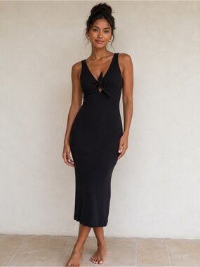 Farm Rio Black Ribbed Knit Dress Tie at Bust sz P = Small EUC